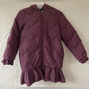 Ruipollio purple mermaid style ruffle puffer coat, top bow detail;size 140/US 10